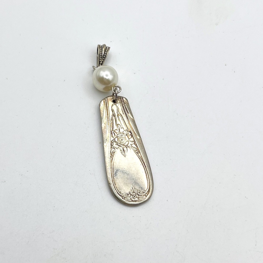 Vintage Silverplate Spoon Handle Floral Rose Pendant with Faux Pearl Detail